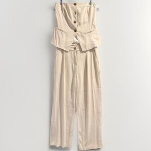 NIA Ivory 2pc Set Strapless Button Corset Top Wide Leg Pants Size L